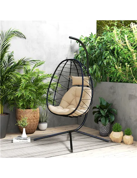 Outsunny Hanging Egg Chair Outdoor Indoor Garden Swing Chair with Folding Basket, Thickened Cushion, Garden Hanging Chair with S