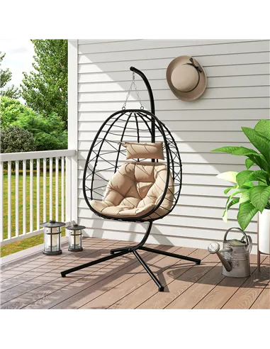 Outsunny Hanging Egg Chair Outdoor Indoor Garden Swing Chair with Folding Basket, Thickened Cushion, Garden Hanging Chair with S