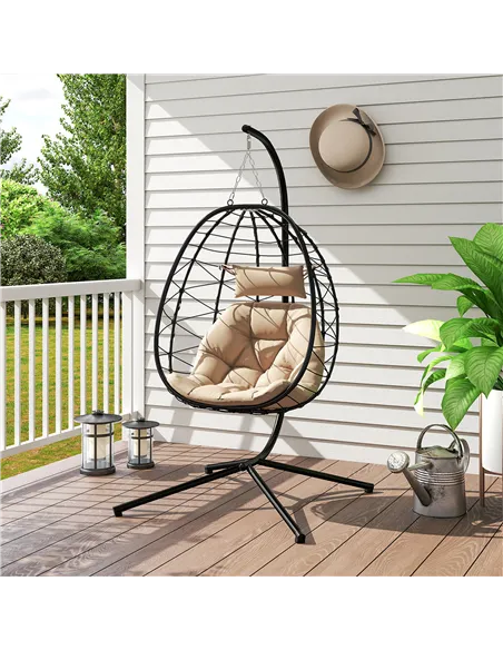 Outsunny Hanging Egg Chair Outdoor Indoor Garden Swing Chair with Folding Basket, Thickened Cushion, Garden Hanging Chair with S