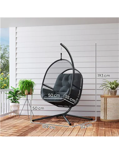 Outsunny Hanging Egg Chair Outdoor Indoor, Swing Hammock Chair with Stand, Cushions, Lumbar Pillow, Adjustable Height and Steel 