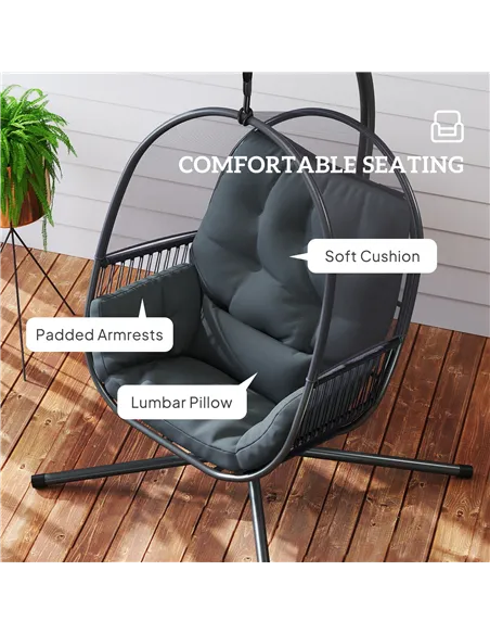Outsunny Hanging Egg Chair Outdoor Indoor, Swing Hammock Chair with Stand, Cushions, Lumbar Pillow, Adjustable Height and Steel 