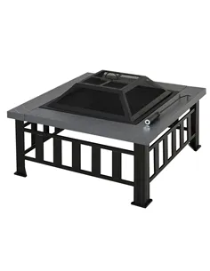 Outsunny Metal Large Firepit Outdoor Square Fire Pit Brazier with Rain Cover, Lid, Log Grate, Poker for Backyard, Camping, BBQ, 