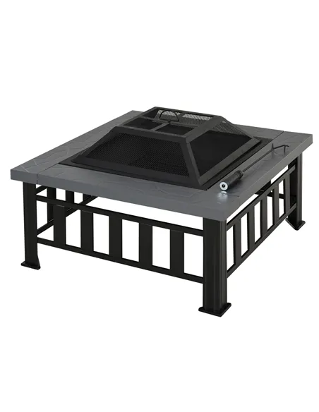 Outsunny Metal Large Firepit Outdoor Square Fire Pit Brazier with Rain Cover, Lid, Log Grate, Poker for Backyard, Camping, BBQ, 