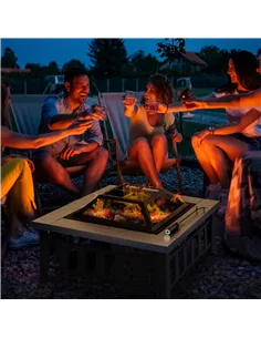 Outsunny Metal Large Firepit Outdoor Square Fire Pit Brazier with Rain Cover, Lid, Log Grate, Poker for Backyard, Camping, BBQ,  2