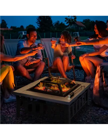 Outsunny Metal Large Firepit Outdoor Square Fire Pit Brazier with Rain Cover, Lid, Log Grate, Poker for Backyard, Camping, BBQ, 