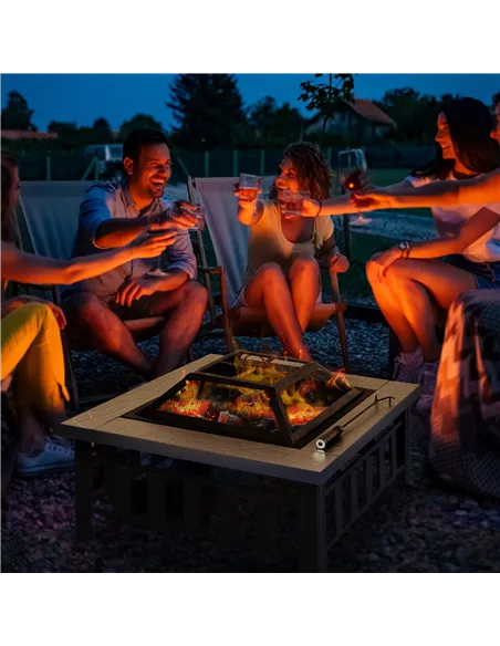 Outsunny Metal Large Firepit Outdoor Square Fire Pit Brazier with Rain Cover, Lid, Log Grate, Poker for Backyard, Camping, BBQ, 