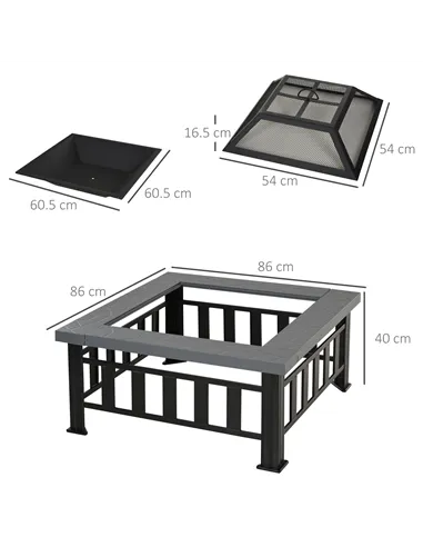 Outsunny Metal Large Firepit Outdoor Square Fire Pit Brazier with Rain Cover, Lid, Log Grate, Poker for Backyard, Camping, BBQ, 