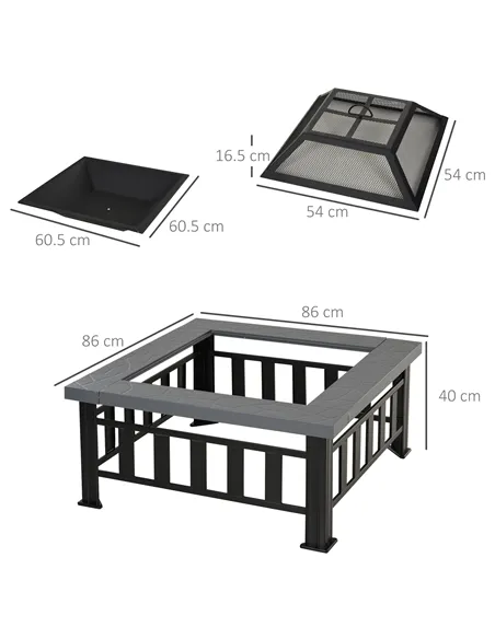 Outsunny Metal Large Firepit Outdoor Square Fire Pit Brazier with Rain Cover, Lid, Log Grate, Poker for Backyard, Camping, BBQ, 