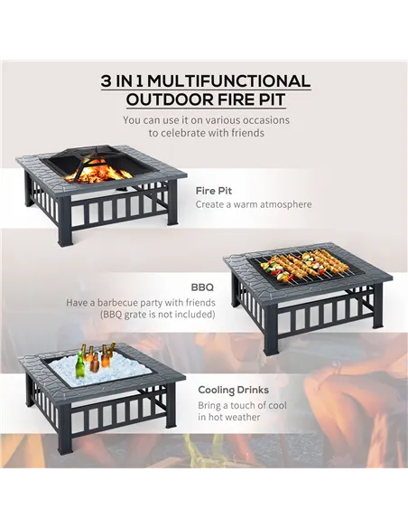Outsunny Metal Large Firepit Outdoor Square Fire Pit Brazier with Rain Cover, Lid, Log Grate, Poker for Backyard, Camping, BBQ, 
