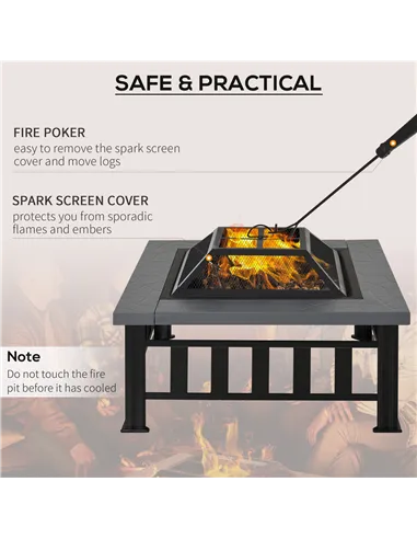 Outsunny Metal Large Firepit Outdoor Square Fire Pit Brazier with Rain Cover, Lid, Log Grate, Poker for Backyard, Camping, BBQ, 