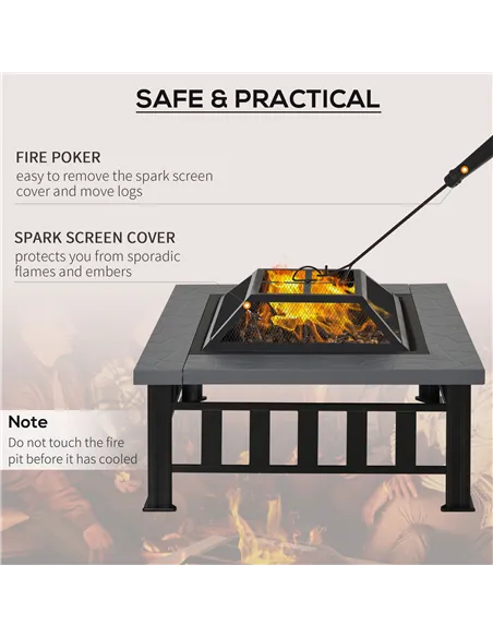 Outsunny Metal Large Firepit Outdoor Square Fire Pit Brazier with Rain Cover, Lid, Log Grate, Poker for Backyard, Camping, BBQ, 