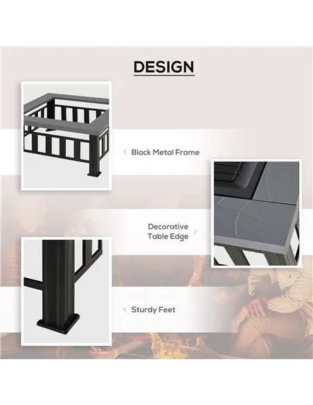 Outsunny Metal Large Firepit Outdoor Square Fire Pit Brazier with Rain Cover, Lid, Log Grate, Poker for Backyard, Camping, BBQ, 