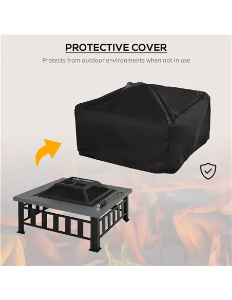 Outsunny Metal Large Firepit Outdoor Square Fire Pit Brazier with Rain Cover, Lid, Log Grate, Poker for Backyard, Camping, BBQ, 