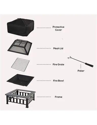 Outsunny Metal Large Firepit Outdoor Square Fire Pit Brazier with Rain Cover, Lid, Log Grate, Poker for Backyard, Camping, BBQ, 