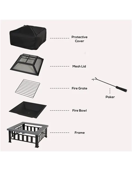 Outsunny Metal Large Firepit Outdoor Square Fire Pit Brazier with Rain Cover, Lid, Log Grate, Poker for Backyard, Camping, BBQ, 