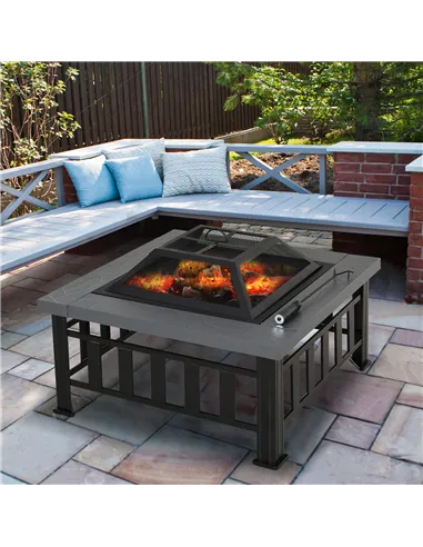 Outsunny Metal Large Firepit Outdoor Square Fire Pit Brazier with Rain Cover, Lid, Log Grate, Poker for Backyard, Camping, BBQ, 