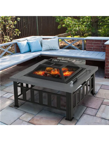 Outsunny Metal Large Firepit Outdoor Square Fire Pit Brazier with Rain Cover, Lid, Log Grate, Poker for Backyard, Camping, BBQ, 