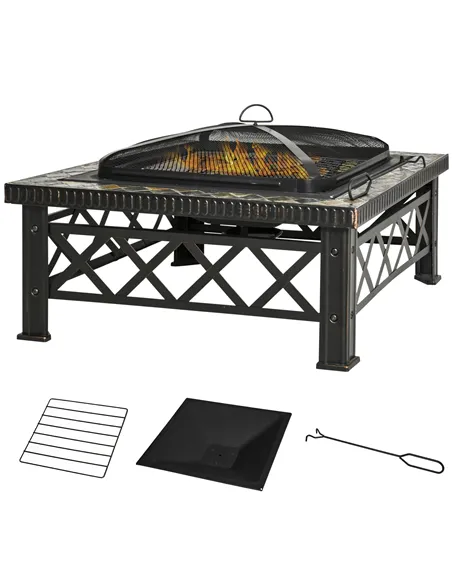 Outsunny Large Outdoor Fire Pit Table, 3 in 1 Square Wood Burning Firepit Metal Brazier, BBQ Grill, Ice Bucket w/ Grill Grate, L
