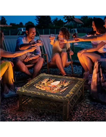 Outsunny Large Outdoor Fire Pit Table, 3 in 1 Square Wood Burning Firepit Metal Brazier, BBQ Grill, Ice Bucket w/ Grill Grate, L