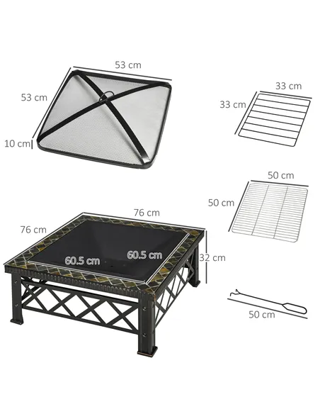 Outsunny Large Outdoor Fire Pit Table, 3 in 1 Square Wood Burning Firepit Metal Brazier, BBQ Grill, Ice Bucket w/ Grill Grate, L