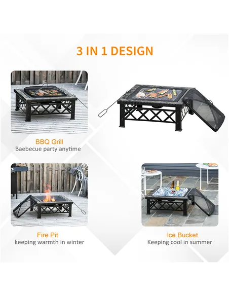 Outsunny Large Outdoor Fire Pit Table, 3 in 1 Square Wood Burning Firepit Metal Brazier, BBQ Grill, Ice Bucket w/ Grill Grate, L