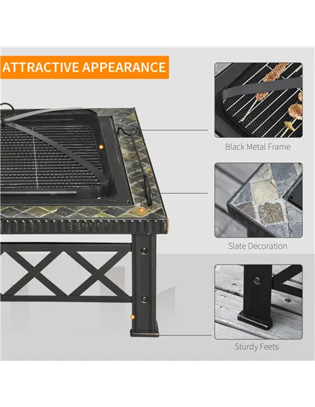 Outsunny Large Outdoor Fire Pit Table, 3 in 1 Square Wood Burning Firepit Metal Brazier, BBQ Grill, Ice Bucket w/ Grill Grate, L
