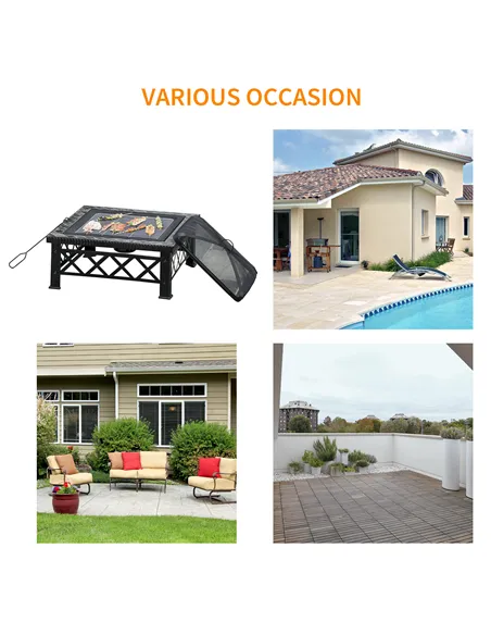 Outsunny Large Outdoor Fire Pit Table, 3 in 1 Square Wood Burning Firepit Metal Brazier, BBQ Grill, Ice Bucket w/ Grill Grate, L