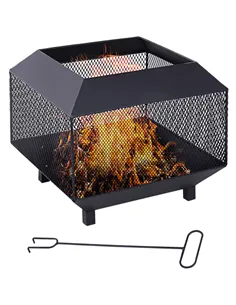 Outsunny Metal Square Fire Pit Outdoor Mesh Firepit Brazier w/ Lid, Log Grate, Poker for Backyard, Camping, Bonfire, Wood Burnin