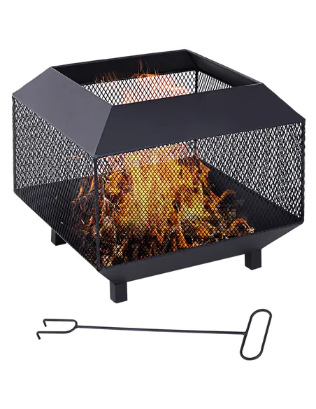 Outsunny Metal Square Fire Pit Outdoor Mesh Firepit Brazier w/ Lid, Log Grate, Poker for Backyard, Camping, Bonfire, Wood Burnin