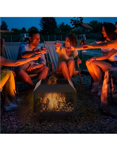 Outsunny Metal Square Fire Pit Outdoor Mesh Firepit Brazier w/ Lid, Log Grate, Poker for Backyard, Camping, Bonfire, Wood Burnin