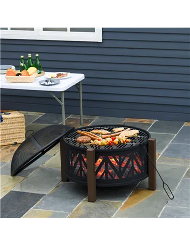 Outsunny Metal Large Firepit Bowl Outdoor 2-In-1 Round Fire Pit Brazier w/ Lid,  BBQ Grill, Poker for Backyard, Camping, Bonfire