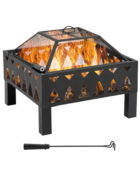 Outsunny 66cm Outdoor Fire Pit with Screen Cover, Wood Burner, Log Burning Firepit Bowl with Poker for Patio, Backyard, Black