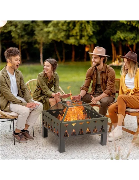 Outsunny 66cm Outdoor Fire Pit with Screen Cover, Wood Burner, Log Burning Firepit Bowl with Poker for Patio, Backyard, Black