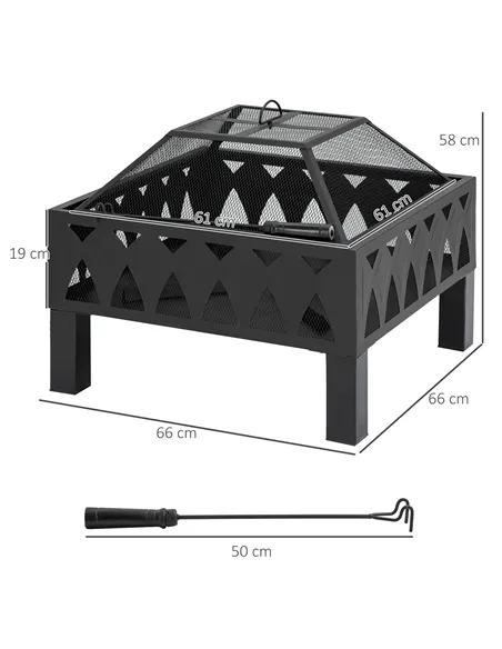 Outsunny 66cm Outdoor Fire Pit with Screen Cover, Wood Burner, Log Burning Firepit Bowl with Poker for Patio, Backyard, Black