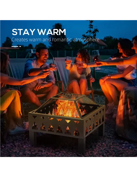 Outsunny 66cm Outdoor Fire Pit with Screen Cover, Wood Burner, Log Burning Firepit Bowl with Poker for Patio, Backyard, Black