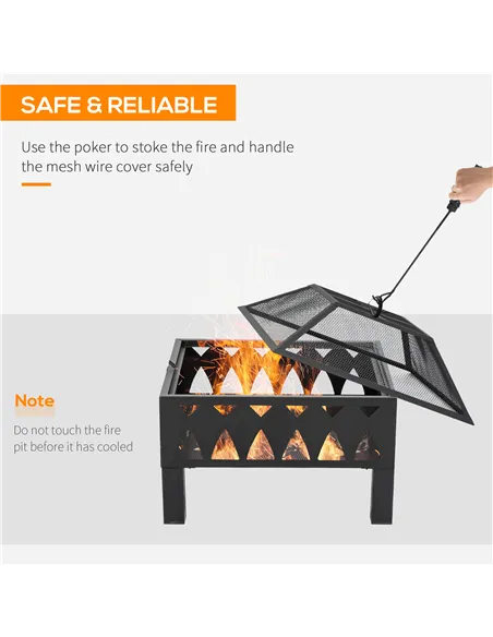 Outsunny 66cm Outdoor Fire Pit with Screen Cover, Wood Burner, Log Burning Firepit Bowl with Poker for Patio, Backyard, Black
