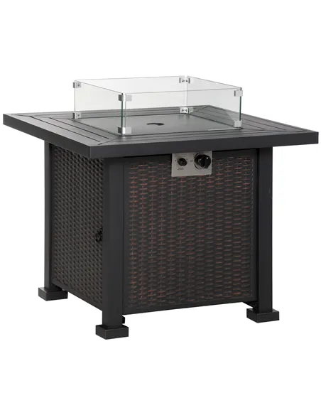 Outsunny Square Propane Gas Fire Pit Table, 50000 BTU Rattan Smokeless Firepit Patio Heater with Glass Screen, Glass Beads and L