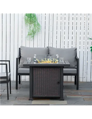 Outsunny Square Propane Gas Fire Pit Table, 50000 BTU Rattan Smokeless Firepit Patio Heater with Glass Screen, Glass Beads and L