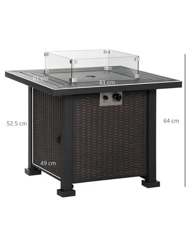 Outsunny Square Propane Gas Fire Pit Table, 50000 BTU Rattan Smokeless Firepit Patio Heater with Glass Screen, Glass Beads and L