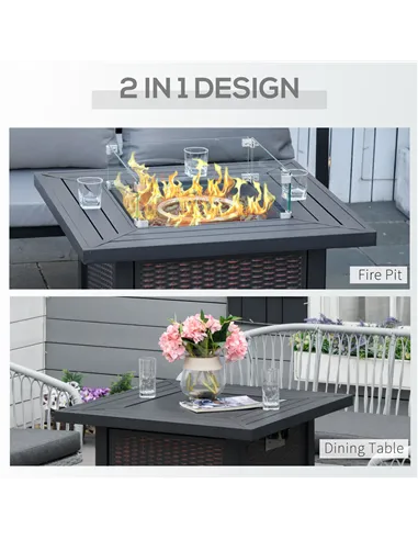 Outsunny Square Propane Gas Fire Pit Table, 50000 BTU Rattan Smokeless Firepit Patio Heater with Glass Screen, Glass Beads and L