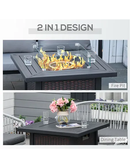 Outsunny Square Propane Gas Fire Pit Table, 50000 BTU Rattan Smokeless Firepit Patio Heater with Glass Screen, Glass Beads and L