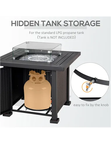 Outsunny Square Propane Gas Fire Pit Table, 50000 BTU Rattan Smokeless Firepit Patio Heater with Glass Screen, Glass Beads and L