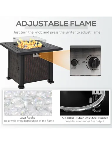 Outsunny Square Propane Gas Fire Pit Table, 50000 BTU Rattan Smokeless Firepit Patio Heater with Glass Screen, Glass Beads and L