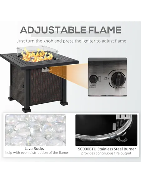 Outsunny Square Propane Gas Fire Pit Table, 50000 BTU Rattan Smokeless Firepit Patio Heater with Glass Screen, Glass Beads and L