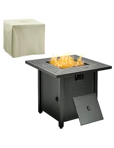 Outsunny Square Propane Gas Fire Pit Table, 40000 BTU Rattan Smokeless Firepit Patio Heater with Protective Cover, Lava Rocks an
