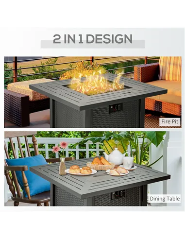 Outsunny Square Propane Gas Fire Pit Table, 40000 BTU Rattan Smokeless Firepit Patio Heater with Protective Cover, Lava Rocks an