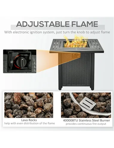 Outsunny Square Propane Gas Fire Pit Table, 40000 BTU Rattan Smokeless Firepit Patio Heater with Protective Cover, Lava Rocks an