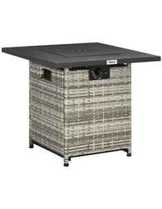 Outsunny Outdoor PE Rattan Gas Fire Pit Table, Patio Square Propane Heater with Rain Cover, Mesh Lid and Lava Stone, 40,000 BTU,