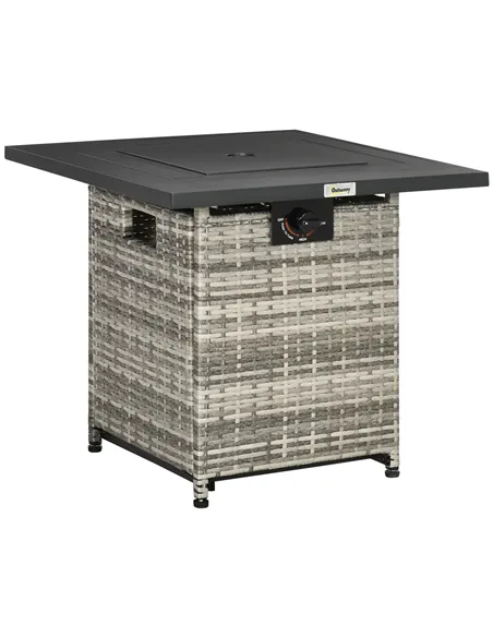 Outsunny Outdoor PE Rattan Gas Fire Pit Table, Patio Square Propane Heater with Rain Cover, Mesh Lid and Lava Stone, 40,000 BTU,