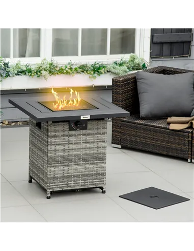 Outsunny Outdoor PE Rattan Gas Fire Pit Table, Patio Square Propane Heater with Rain Cover, Mesh Lid and Lava Stone, 40,000 BTU,